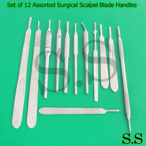 Set of 12 Assorted Surgical Scalpel Blade Handles Flat + Round #3 #4 #3L #4L #7