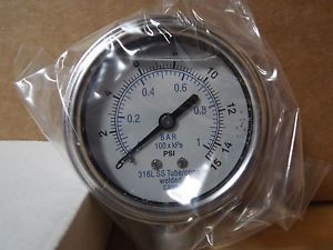 0-15 PSI/BAR 2.5&#034; All Stainless Lower Mount Glycerin-Filled Pressure Gauge