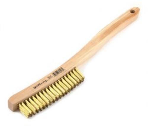 Forney 70518 wire scratch brush, brass with curved wood handle, 13-3/4&#034; x .012&#034; for sale