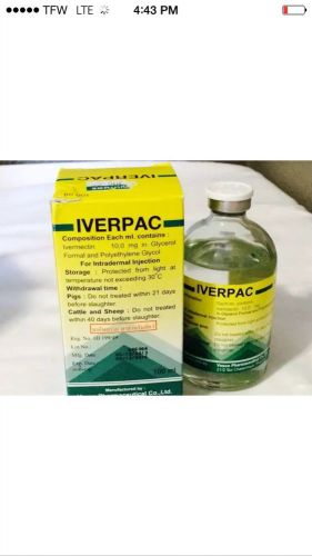 1/100 ml inverpac (ivermectin) 10.0 mg. injectable dewormer for cattle for sale