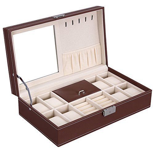 SONGMICS Brown Leather Jewelry Box 8 Watch Organizer Storage Case w/ Lock &amp; M...