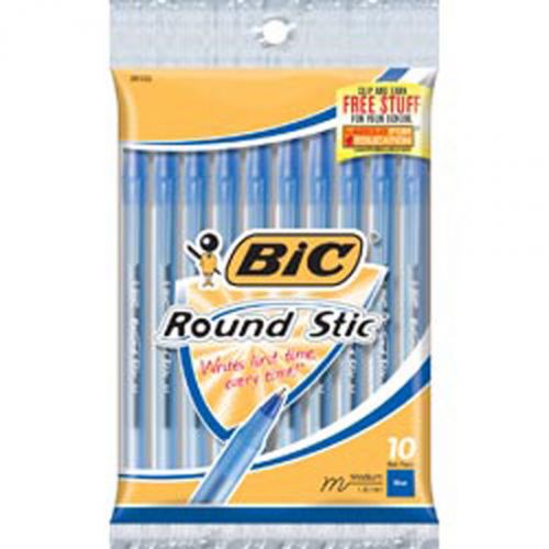 Blue - Bic Round Stic Ball Pens Medium Point 10/Pkg
