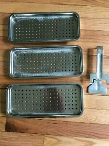 3 Autoclave Sterilizer Trays + Handle 12 1/4&#034; x 5 1/2&#034; 1&#034; Ritter? Tuttnauer?