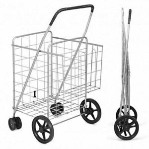 Durable Jumbo Silver Basket for Grocery Laundry Travel w/Swivel Wheels-