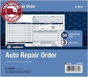 Adams Auto Repair Order Forms, 8.5 x 7.44 Inch, 3-Part, Carbonless, 50-Pack, Whi