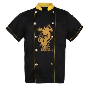 Chef Embroidery Dragon Uniforms Stand Up Collar Summer T-Shirt Black XL