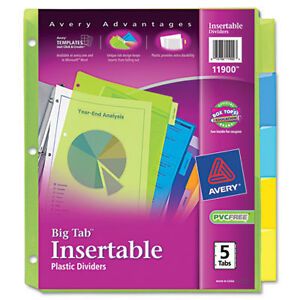 AVERY 5 big Tab Plastic Binder Dividers, Insertable Translucent Multicolor 11900