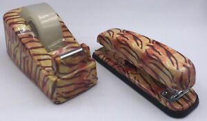 Pretty Tools Desk Set Tape Dispenser + Stapler Animal Print Tiger Orange Stripes