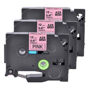 3PK Satin Ribbon Compatible with Brother Black on Pink Tze TZ-RE31 12MM