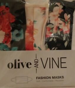 Olive And Vine Fashion 3 Face Masks. One Size Fits All Reusable NIP