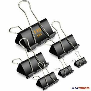 110pc Binder Clips Metal Paper Clamps Black Assorted Sizes Jumbo Office School
