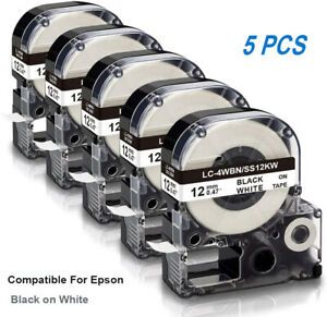 5X 12mm Black on White LC-4WBN9 SS12KW Label Tape Compatible EPSON LW300 400 700