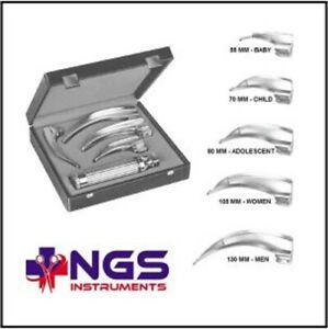 (DIAGNOSTIC INSTRUMENTS) MCINTOSH LARYNGOSCOPE SET HANDLE &amp;5 BLADES FABRIC OPTIC