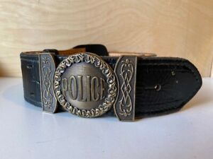 Vintage Tex Shoemaker Plain Black Leather Police Duty Belt and Brass Buckle 44&#034;