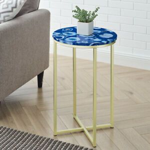 Melissa 16&#034; Faux Stone Round Glam Side Table - Faux Blue Agate/Gold