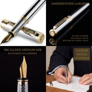 Fountain Pen Luxury 24K Gold Fisnish Gift Professional Executive Silver Chrome