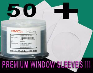 50 CMC Pro Taiyo Yuden 52X CDR Water Shield White Inkjet &amp; 100 PREMIUM Sleeves