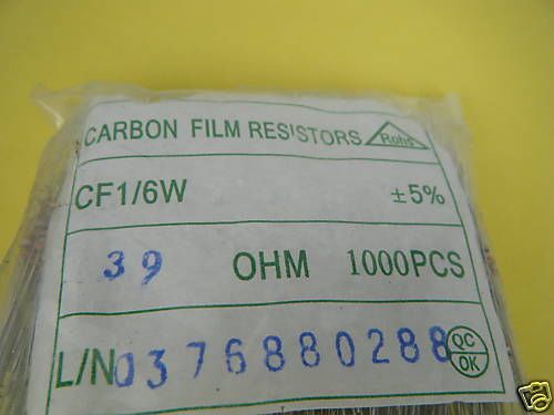 1000, 39ohm 39 ohm 1/6W 5% Rohs Carbon Film Resistor
