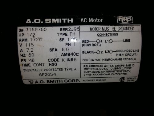 A.o. smith gf2054 electric ac motor,1/2 hp,1725 rpm w/115v for sale