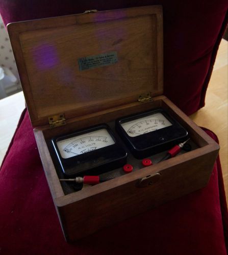 Triplett #430-a volt and amperes panel meters ww2 era housed in wooden box for sale