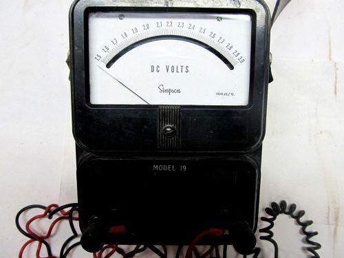 Vintage simpson dc volt meter model 19 mc 100 ohms / v, 1.5 to 3.0 dc volts for sale