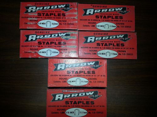 Arrow t-25 round crown staples, 9/32&#034;, 7/16&#034;, 3/8&#034; 1000/pk 6 boxes total for sale