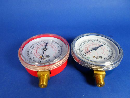 Manifold pressure gauges set high (red) &amp; low (blue) r12. r22 and r502 for sale