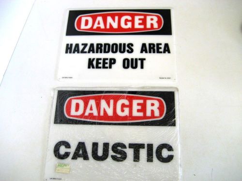SET OF 2 SIGNS - DANGER: CAUSTIC &amp; DANGER HAZARDOUS AREA KEEP OUT ~Never used!~