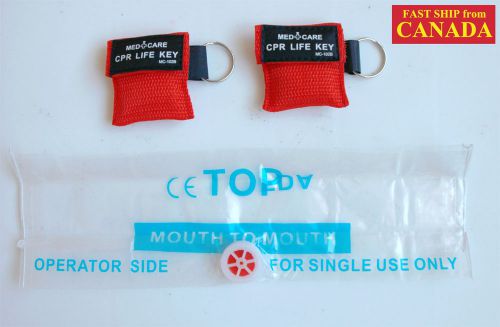 2PCS CPR MASK FACE SHIELD in POUCH w/ KEY CHAIN, 1-way Valve, 2&#034; x 2&#034;, RED