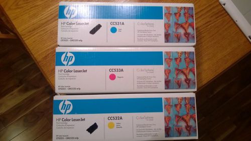 (3) SEALED BOXES GENUINE HP COLORJET LASER TONERS CC531A,  CC532A, CC533A