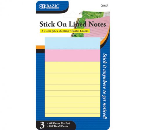 BAZIC 40 Ct. 3&#034; X 3&#034; Lined Stick On Notes (3/Pack), Case of 144