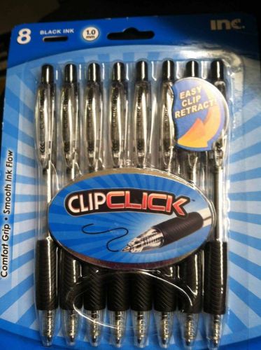 Clip Click Ball Point 1.0 mm Retractable Black Ink Pens Set of  8 Pens