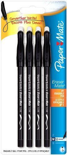 1 NEW - Paper Mate Erasermate Stick Medium Tip Ballpoint Pens, 4 Black Ink Pens