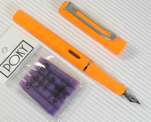 Jinhao 599b fountain pen orange plastic barrel + 5 poky cartridges violet ink for sale