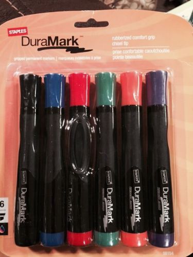 6 Permanent Markers- Staples DuraMark. Chisel Tip, Rubberized Comfort Grip