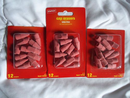 Lot of 3 Wedge Cap Staples Pink Pencil Erasers 12 Pack Back To School Latex Free