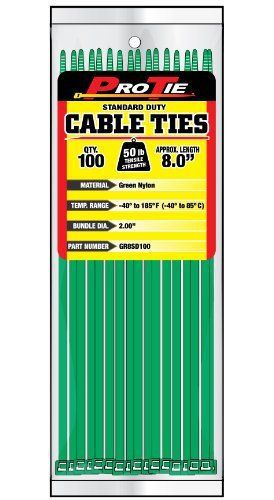 Pro Tie GR8SD100 8-Inch Green Standard Duty Color Cable Tie  Green Nylon  100-Pa