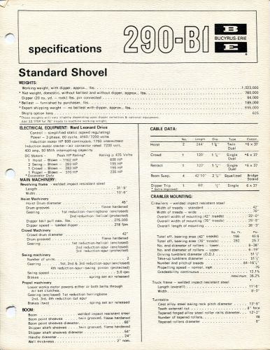 BUCYRUS ERIE SPECIFICATIONS SHEET 290-B1 GREAT SHAPE