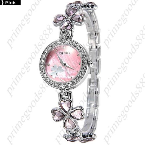 Lucky Four Leaf Clover Rhinestones Bracelet Lady Ladies Wristwatch Women&#039;s Pink