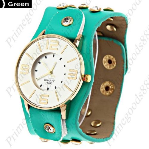 Wide Round Analog PU Leather Lady Ladies Wrist Quartz Wristwatch Women&#039;s Green