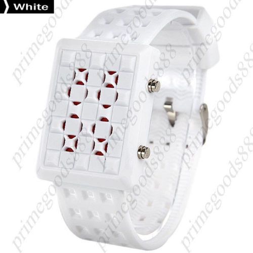 Unisex Red Light LED Digital Wrist Date Grid Hollow Rubber Band in White