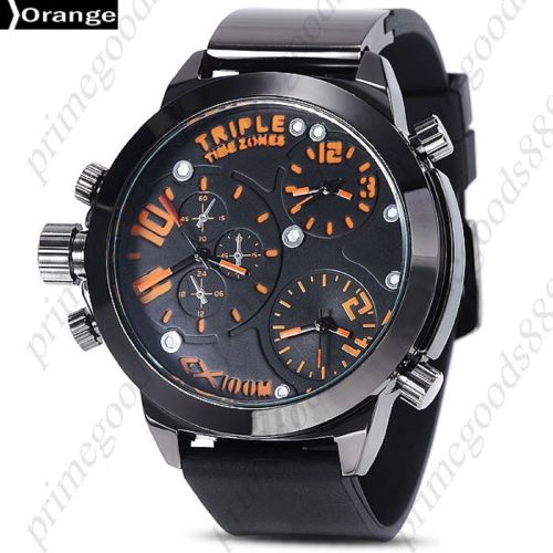 Hot Series PUNK 3 Time Zones Wristwatch Quartz Analog Men&#039;s Black Orange Face