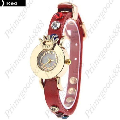 Crown rhinestones analog pu leather lady ladies quartz wristwatch women&#039;s red for sale
