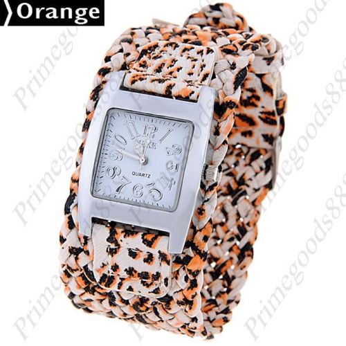 Leopard Wide Square Twin PU Leather Quartz Lady Ladies Wristwatch Women&#039;s Orange