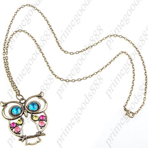 Multi Color Rhinestones Night Owl Pendant Necklace Long Sweater Chain for Girl