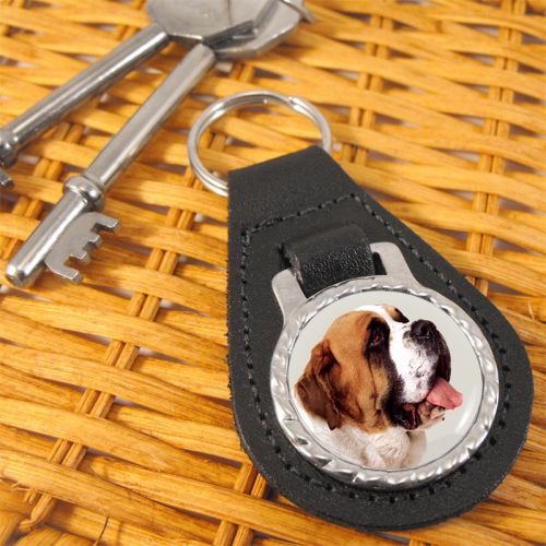 St. bernard dog bonded leather key-fob/metal keyring for sale