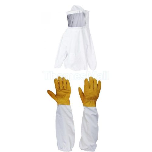 Bee keeping veil jacket smock suit wht + 1 pair sheepskin beekeeping long gloves for sale