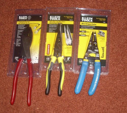 3 BRAND NEW KLEIN ELECTRICAL HAND TOOLS-STRIPPERS,CRIMPERS AND LONG NOSE PLIERS