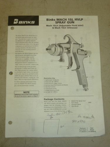 Binks mach 1sl hvlp air spray gun parts / user manual for sale