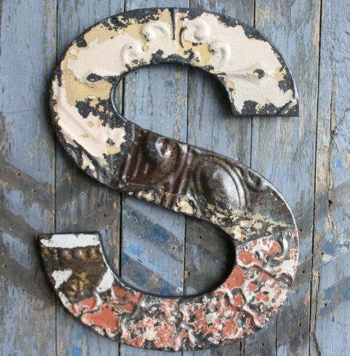 Genuine Antique Ceiling Tin -- 16&#034; Alphabet Mosaic Letter Sign  -- S